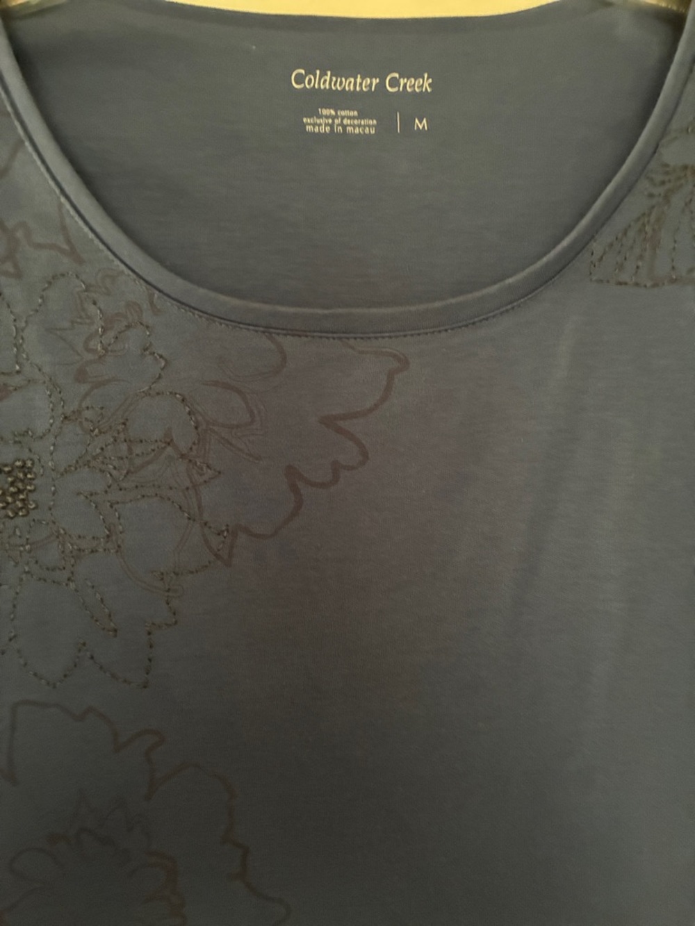 Coldwater Creek Slate Blue Scoop Neck Long Sleeve Top with Floral Embroidery